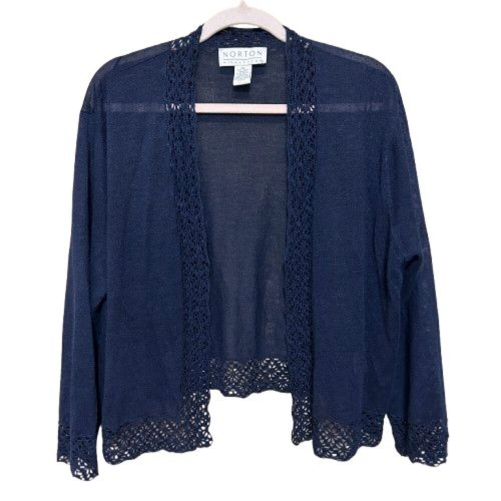 VTG Norton McNaughton Open Front Cardigan Sweater  XL Navy Blue Crochet Coastal